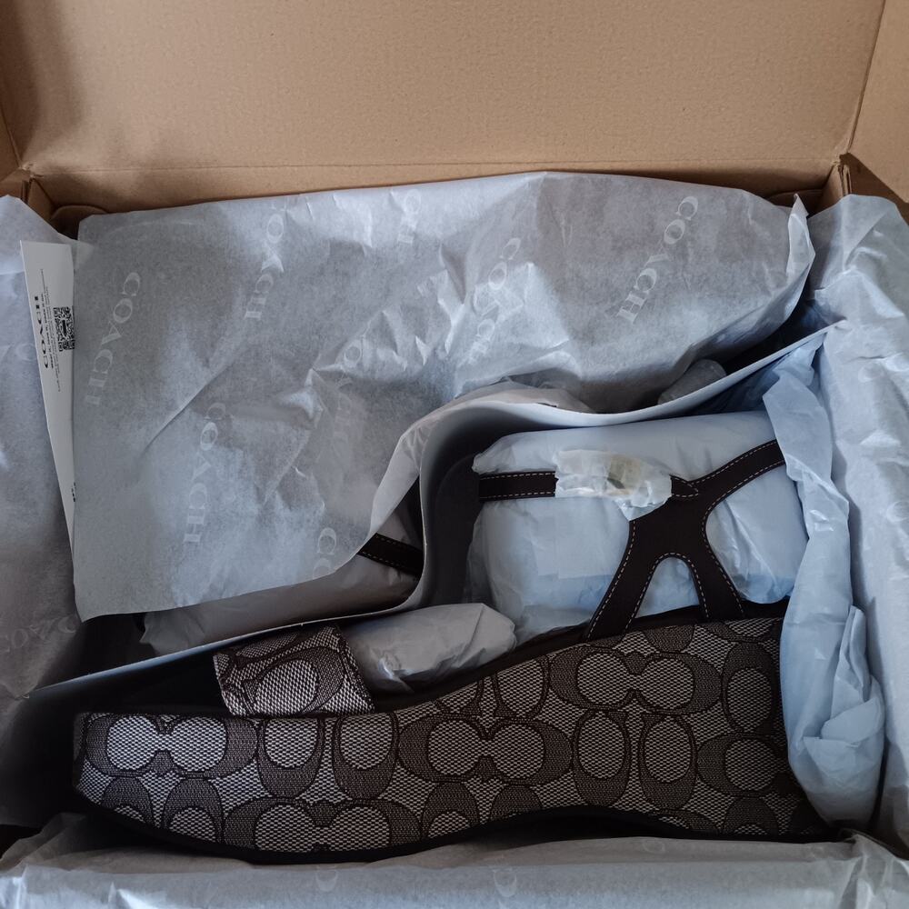 Coach Women Gale Wedge Sandal In Maple Signature Jacquard Size 11 B Damaged Box - Picture 13 of 14